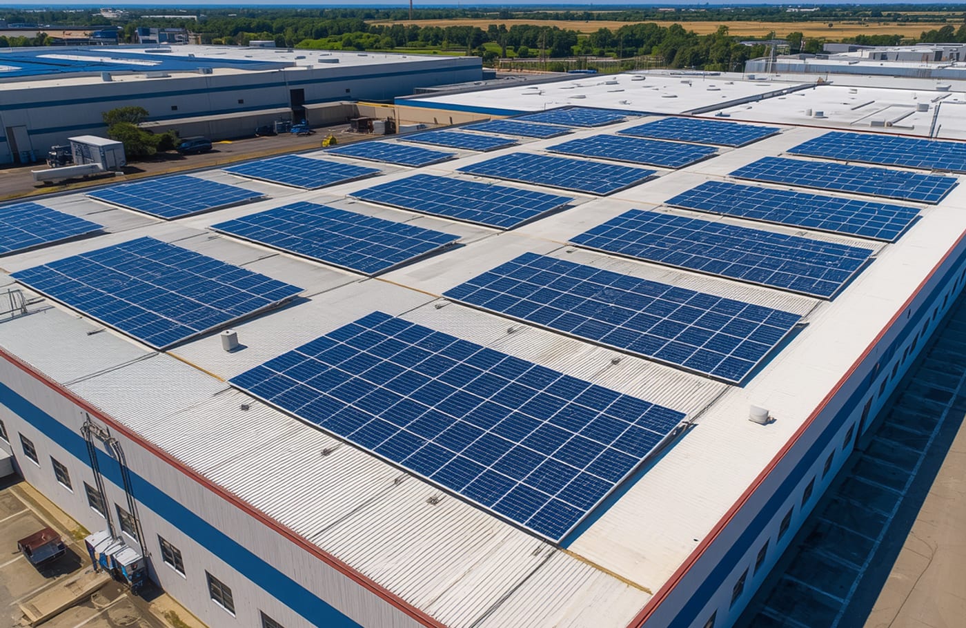 Campo de paneles solares sobre el techo de una planta industrial